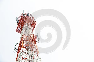 Close up communication tower top. Radio antenna Tower , microwave antenna tower on light sky background. wireless technology conce