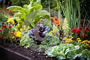 close-up of companion planting in a garden bed photo