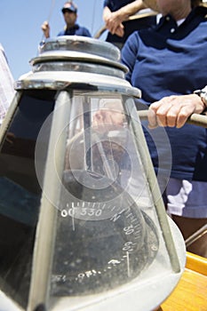 Close-up of compass on sailboat's helm