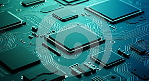 Close-up of a complex computer motherboard with integrated circuits and microchips