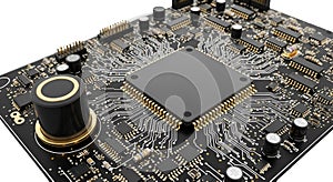 Close-up of a Complex Electronic Circuit Board with CPU