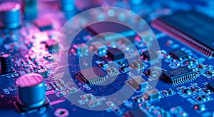 Close up of a complex electronic circuit board with vibrant blue and pink lighting