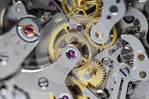 Close-up of a complex watch movement, focus on the ruby in the centre.