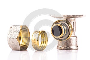 Close-up of compression sanitary wall plate fitting