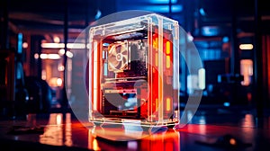 Close up of computer case on table in dark room. Generative AI