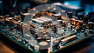 Close up of a computer chip, a complex part of technology generated by AI