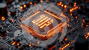 Close-up of a computer chip with glowing data connections and an AI embedded microprocessor