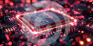 Close-up of a Computer Chip Glowing with Red Light. created by generative artificial intelligence