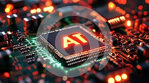 Close-up of a computer chip illuminated with glowing circuitry