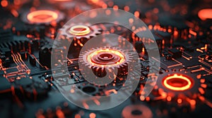 A close up of a computer chip with a red glowing gear