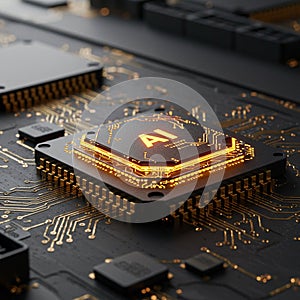 Close-up of a computer circuit board featuring a central processing unit labeled 