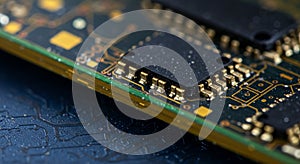 Close-up of a computer circuit board featuring integrated circuits (ICs) with multiple