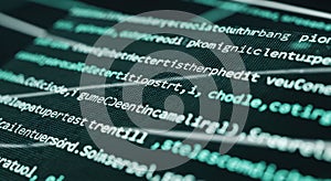 Close-up computer code glowing with digital data on a dark screen with diagonal lines