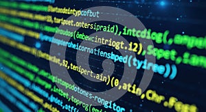 Close-up of computer code glowing with vibrant colors on a digital display screen