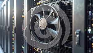 Close-up of a computer cooling fan in a server rack