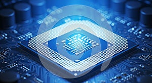 Close-up of a Computer CPU Microprocessor with Blue Glowing Circuitry chip