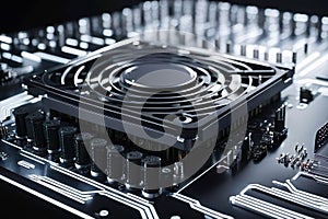 Close-up of a computer graphic card on board. Monochrome, minimalism style, futuristic design