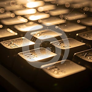 Close-up of a computer keyboard with a soft, warm light illuminating the keys. The focus is on the