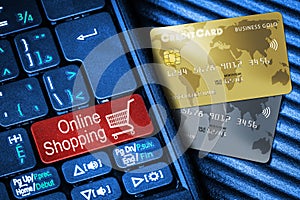 Credit Cards and Keyboard With Red Button Online Shopping Concept