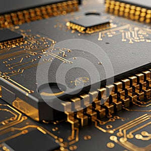 Close-up of a computer microchip on a circuit board. The dark surface is intersected
