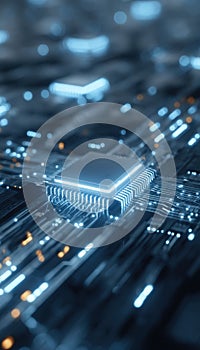 Close-up of a computer microchip on a circuit board with glowing electronic components