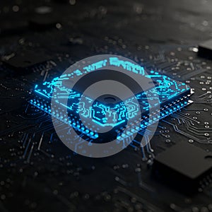Close-up of a computer microchip on a dark circuit board. The microchip features