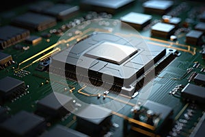 Close-up of a computer microchip on a green circuit board