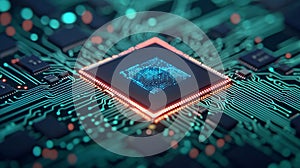 High Tech Microchip Circuit Board with Glowing Data Processing Unit AI generated.