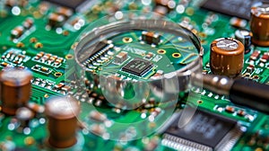 Close up of computer microchips inspected through magnifying glass with room for text placement photo