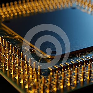Close-up of a computer microprocessor, featuring a dark rectangular central