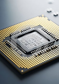 Close-up of a computer microprocessor, showcasing its central processing unit