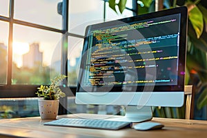 Close-up of computer monitor with colorful programming code on dark blue background