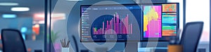 Close up of a computer monitor displaying charts and graphs in an office space