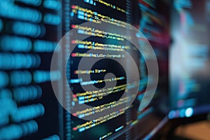 Close-up of computer monitor displaying code in binary language on screen. Software development concept with lines of text,