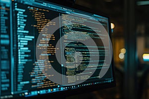 Close-up of computer monitor displaying code lines in binary language. Software development concept with background of black
