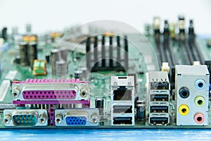 Close up of computer motherboard, back view of connectors