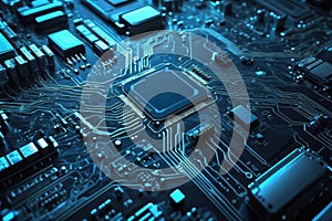 Close-up of computer motherboard with blue circuitry and chips on dark background