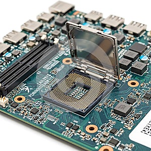 Close up of a computer motherboard with cpu socket and ram slots