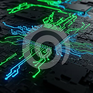 A close-up of a computer motherboard featuring black integrated circuits