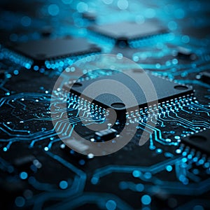 Close-up of a computer motherboard featuring several black microchips