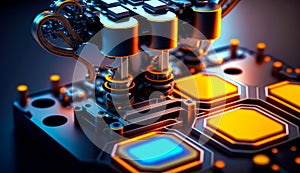 Close up of computer motherboard with many electronic components on it. Generative AI