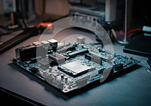 Close-up of a computer motherboard on a workbench in a tech environment
