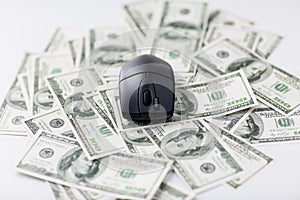 Close up of computer mouse and dollar cash money