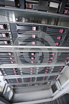 Close-up of computer network hardware in server room