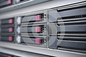 Close-up of computer network hardware in server room