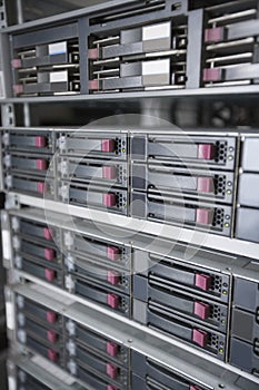 Close-up of computer network hardware in server room