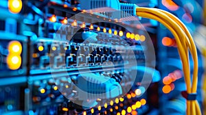 A close up of a computer network with many cables and lights, AI