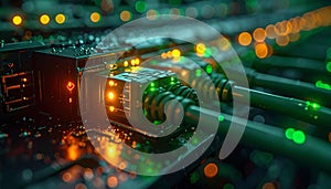 Close-up of a computer network switch with glowing cables