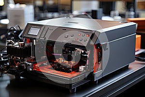 a close up of a computer printer on a table