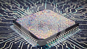 Close up of a computer processor chip on a circuit board background